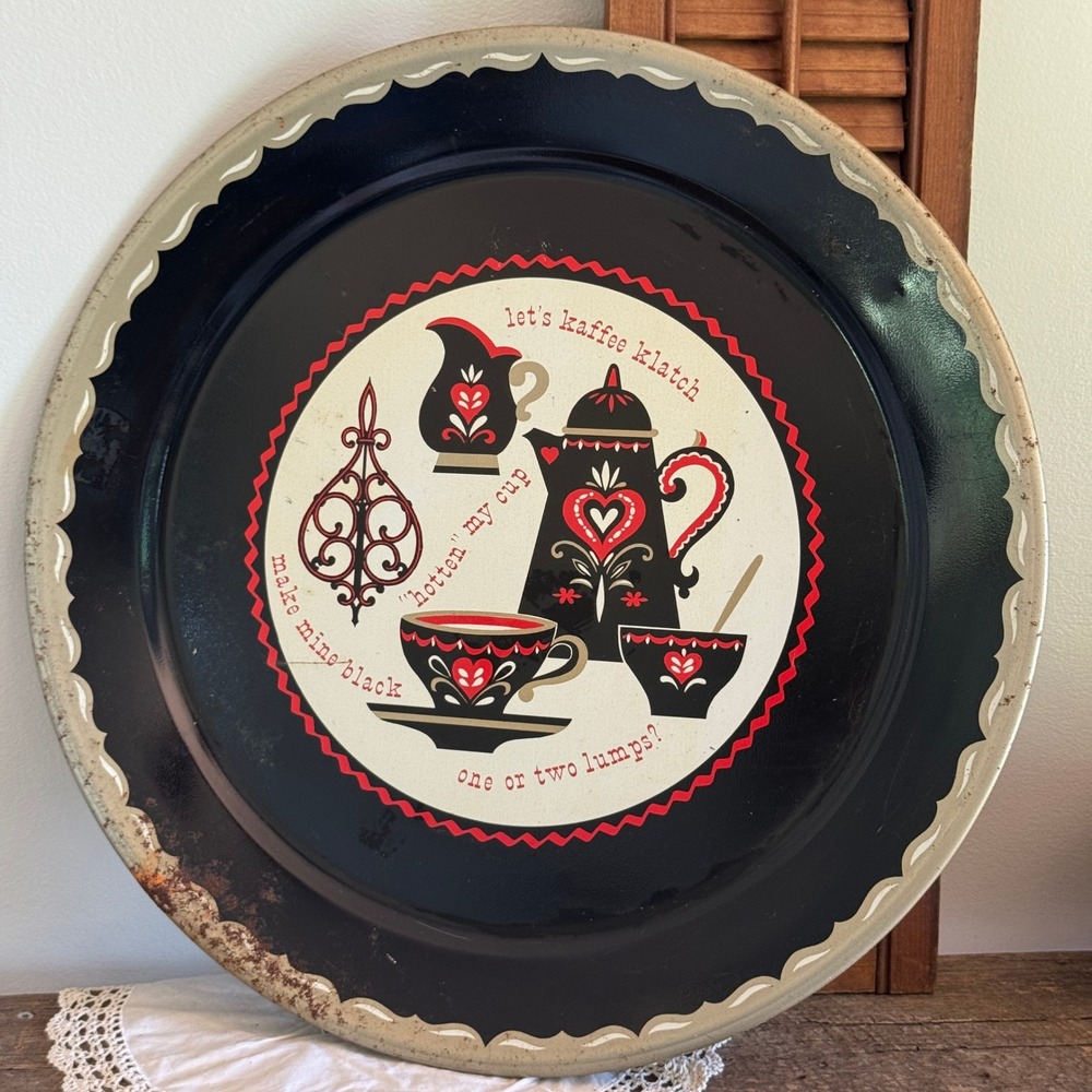 Vintage Kaffee Klatch Folk Art Metal Serving Tray Black Red Heart MCM Folk Art